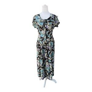 Vintage Laura Ashley Dress Womens 10 Black Blue Floral Midi Rayon Made UK 90s